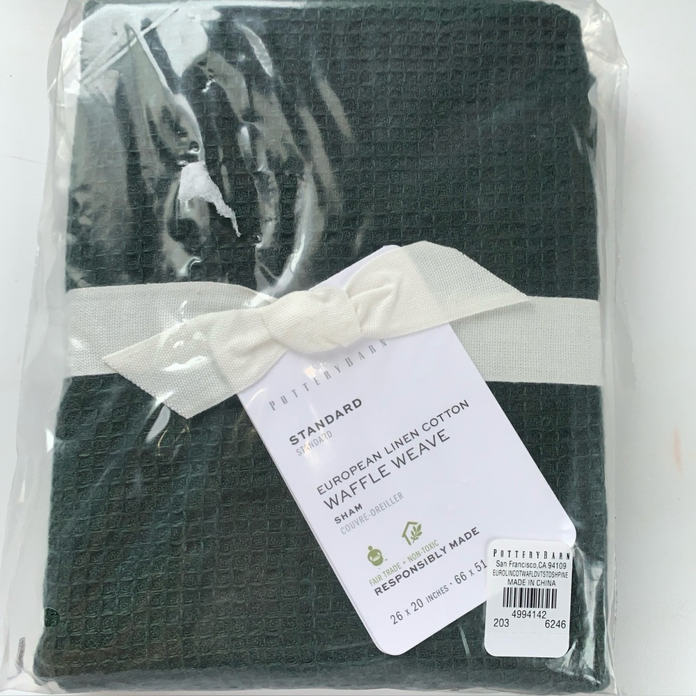 POTTERY BARN European Linen Cotton Waffle Weave Pine Green Standard Sham 26x20”